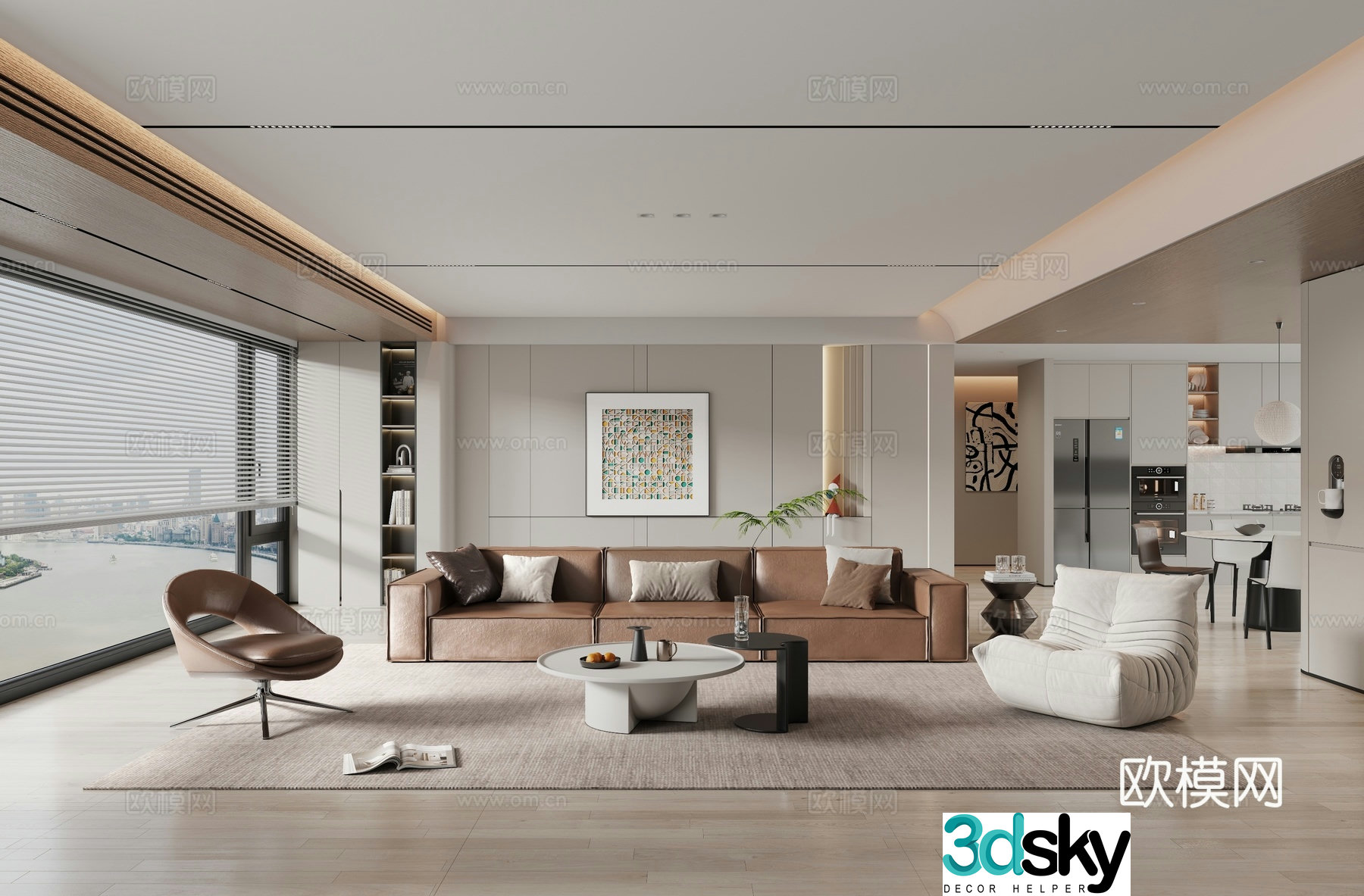 Modern home living room_sofa coffee table combination_single sofa_lazy sofa_potted plant_vase_3d model