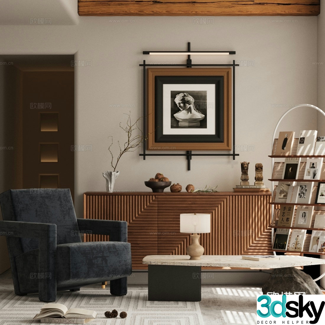 Middle-aged leisure chair bookshelf Middle-aged bookcase 3D model