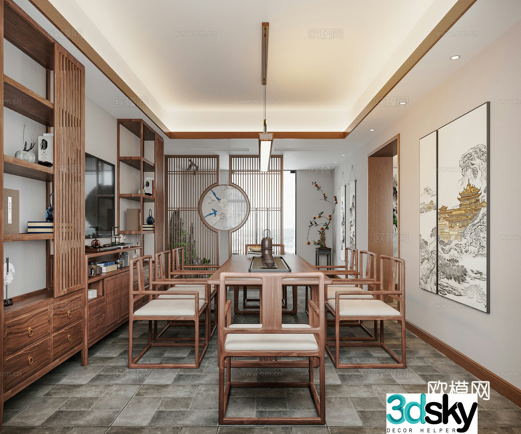 New Chinese style Chinese tea room Tea room Tea table and chair Chinese calligraphy and painting Tea room cabinet Tea set New Chinese style 3D model