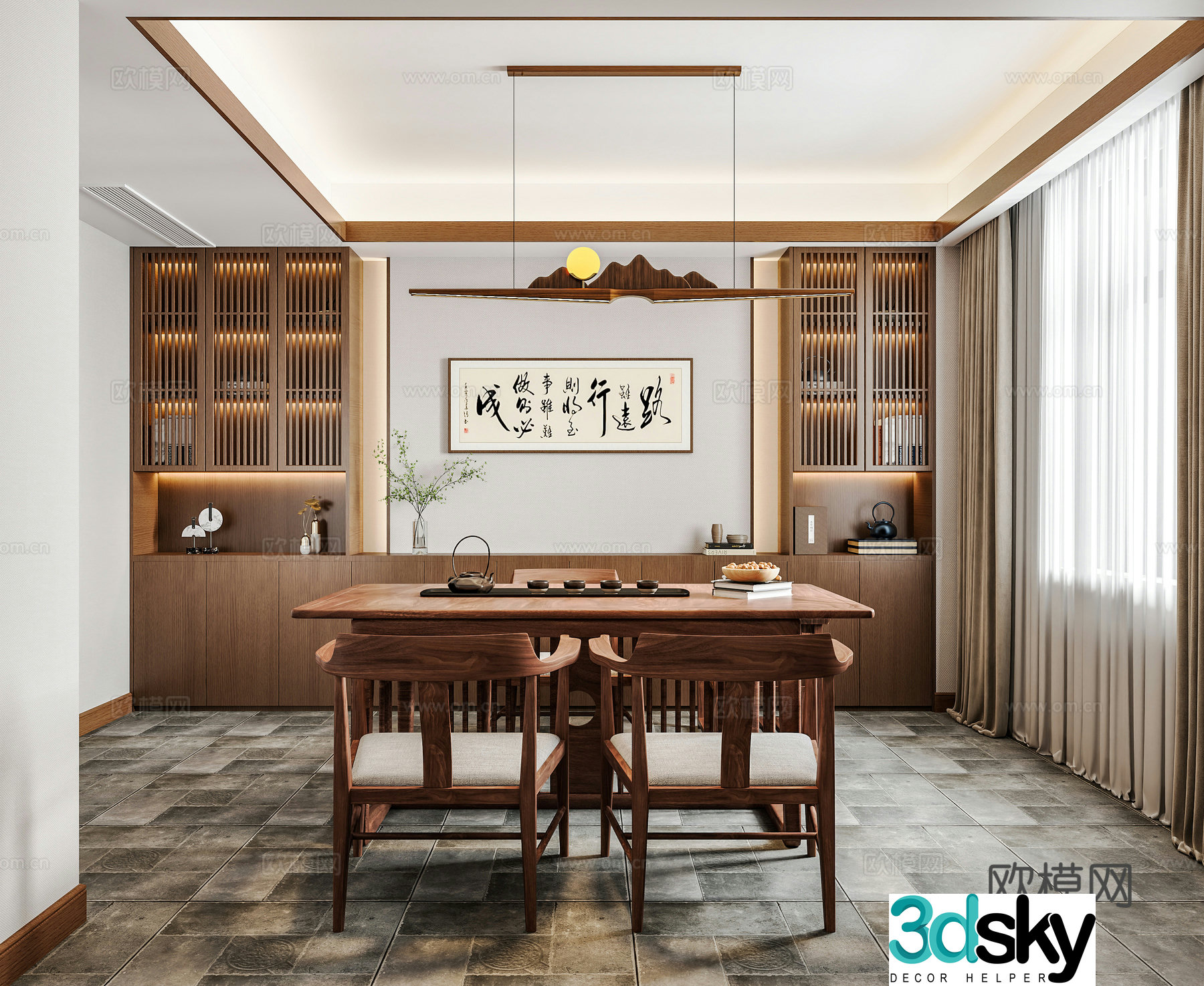 New Chinese style Chinese tea room Tea room Tea table and chair Chinese calligraphy and painting Tea room cabinet Tea set New Chinese style 3D model