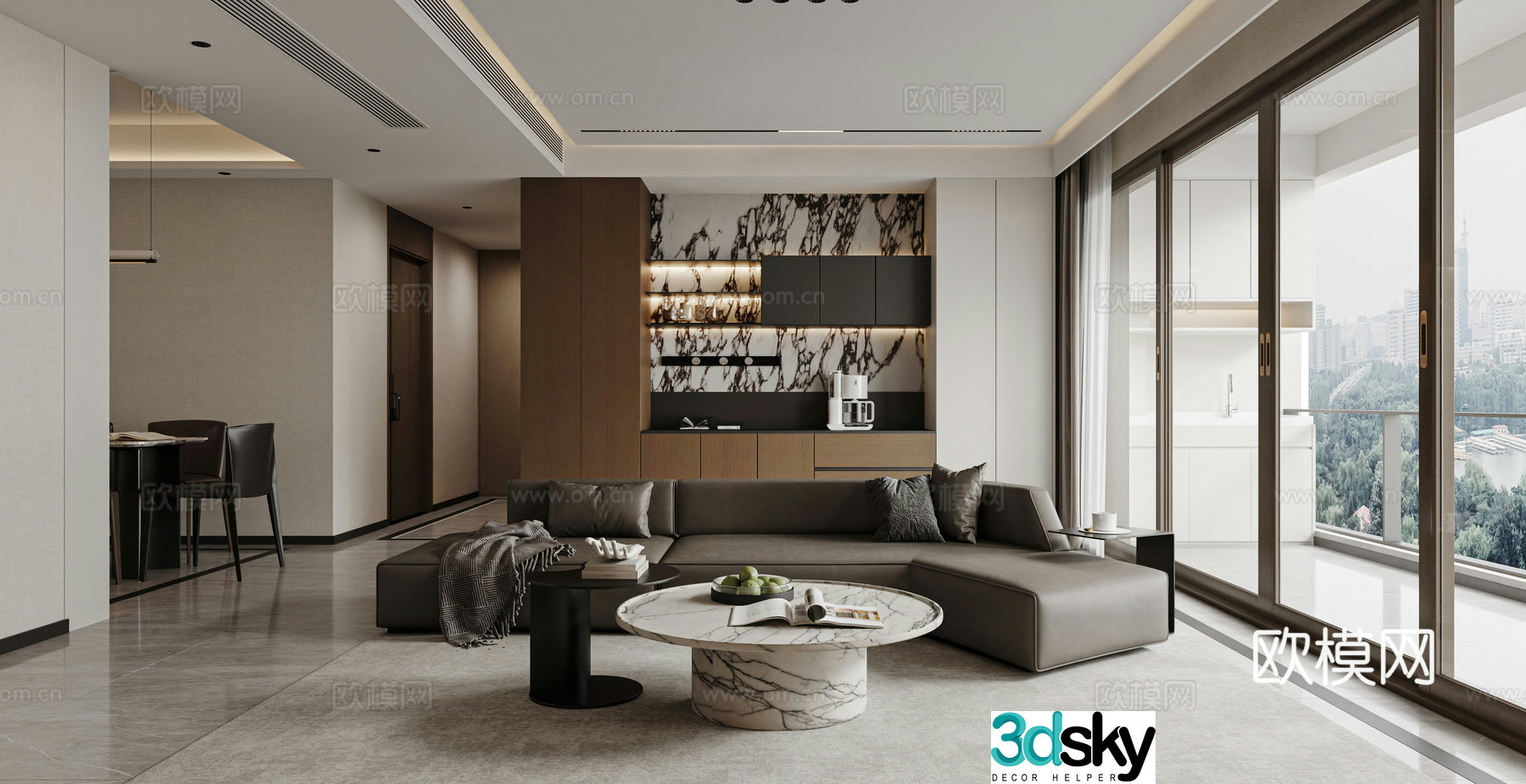 Modern living and dining room Combination sofa Wine cabinet Dining table Modern living room Light luxury Italian living room 3D model