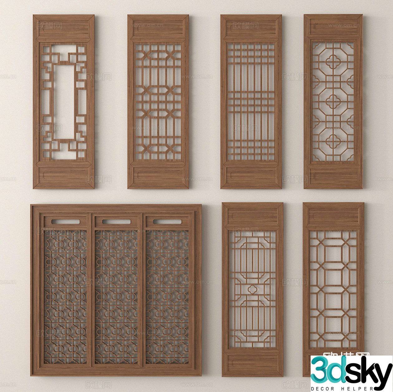 New Chinese style partition screen grid wooden partition 3d model