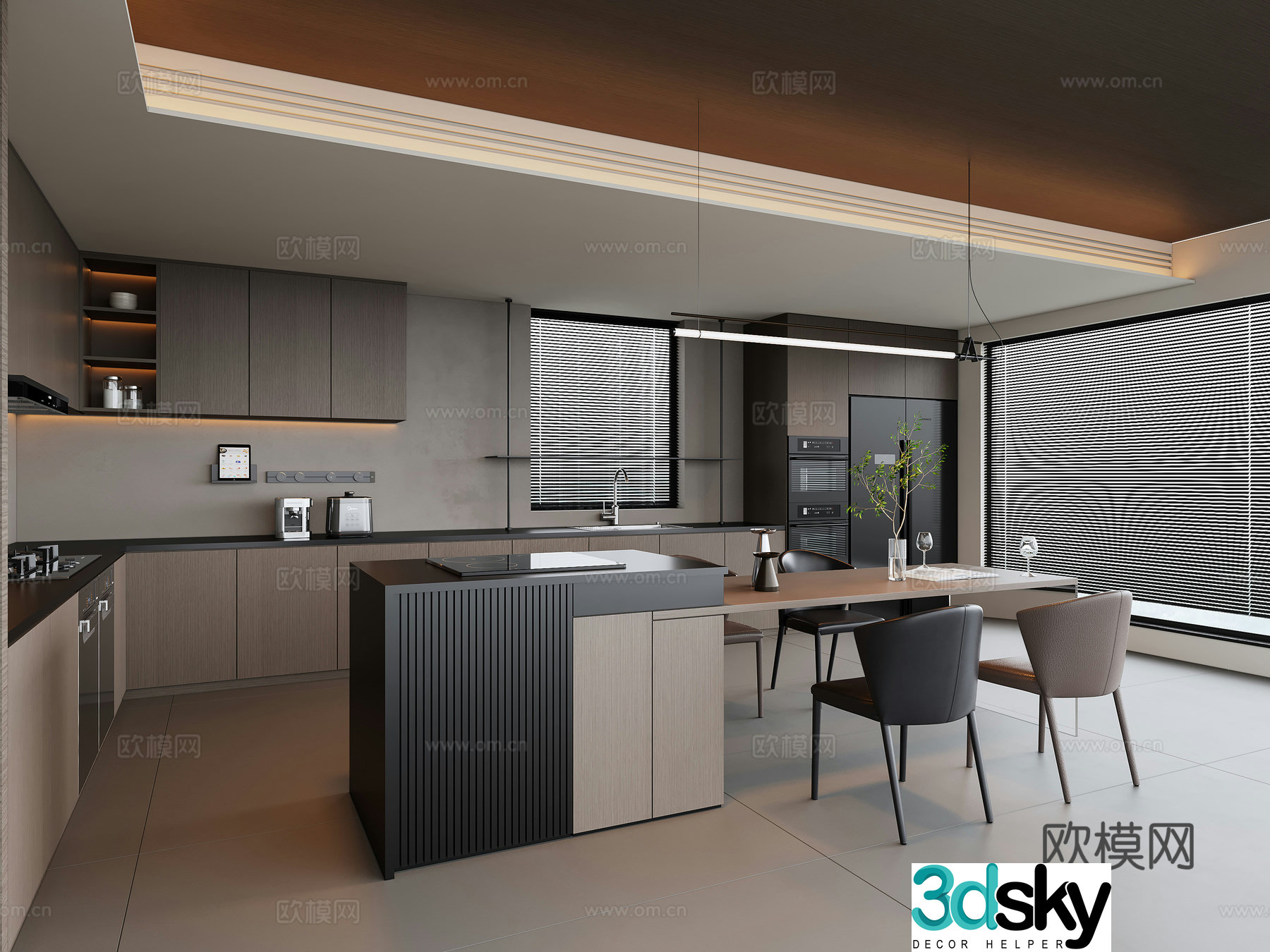 Modern Italian kitchen cabinets dining table and chairs bar refrigerator 3d model