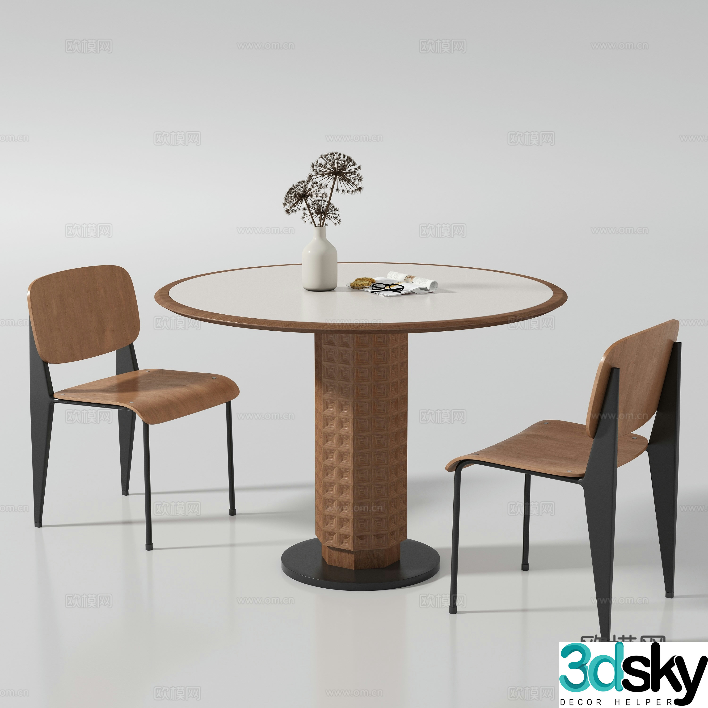 Medium style round dining table and chair 3D model