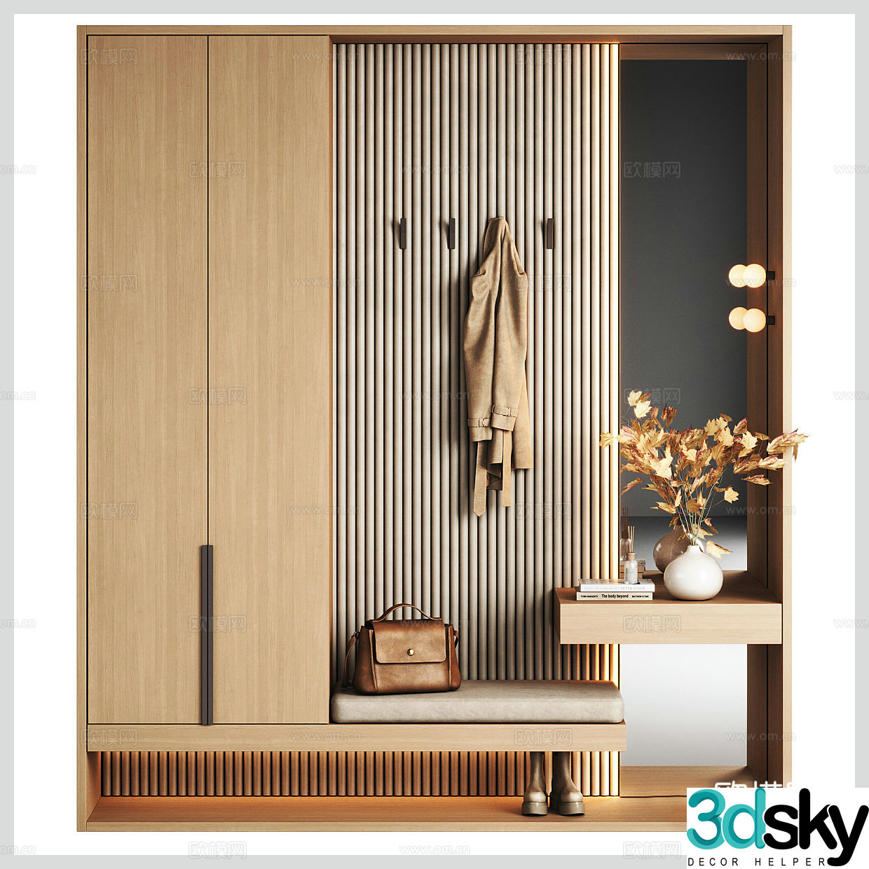 Solid wood shoe cabinet shoe cabinet background wall hallway ornaments hallway shoe cabinet home mirror clothes hook hanging 3D model