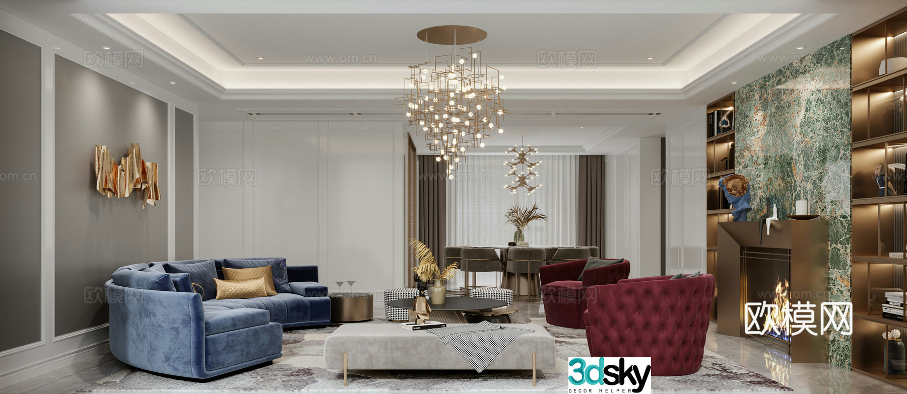 European style living and dining room 3D model