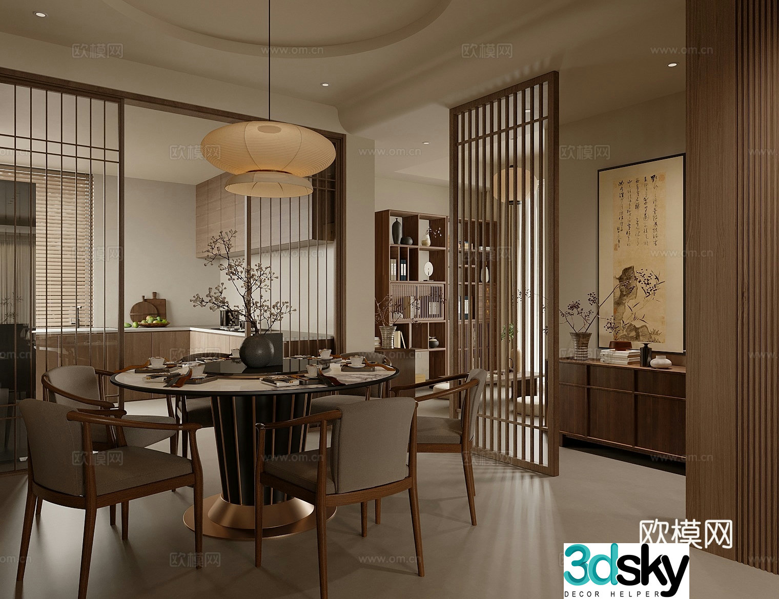 New Chinese Zen Home Restaurant Chinese Restaurant Song-style Aesthetic Restaurant Solid Wood Dining Table and Chair 3D Model