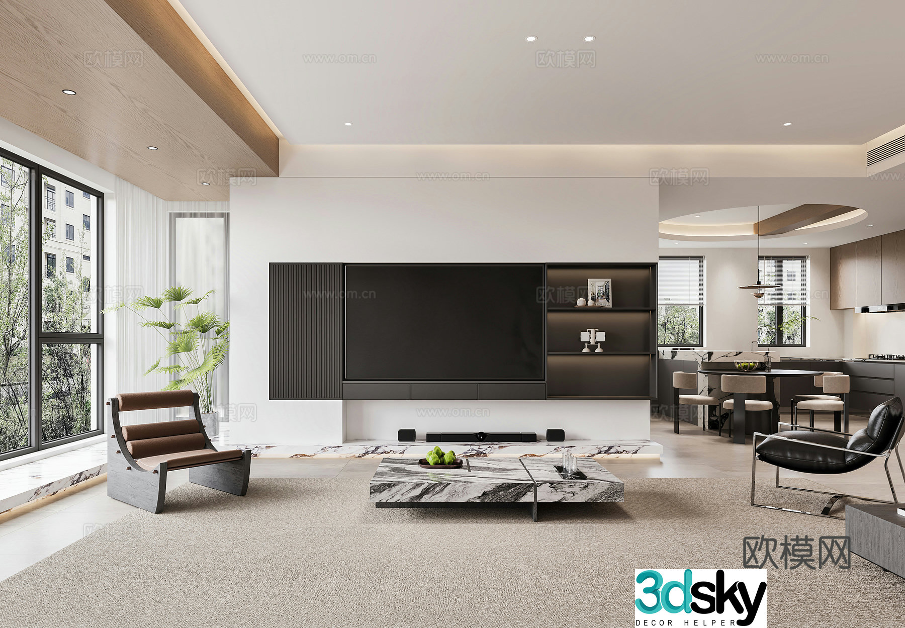 Modern living room TV background wall TV cabinet combination sofa leisure chair light luxury living and dining 3D model