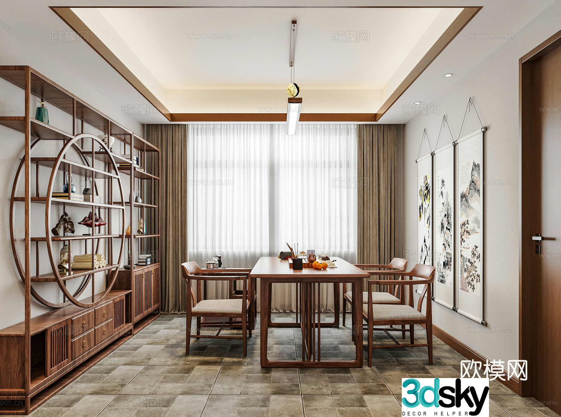 New Chinese style Chinese tea room Tea room Tea table and chairs Bo Gu shelves Chinese flower and bird painting Tea room cabinet Tea 3D model