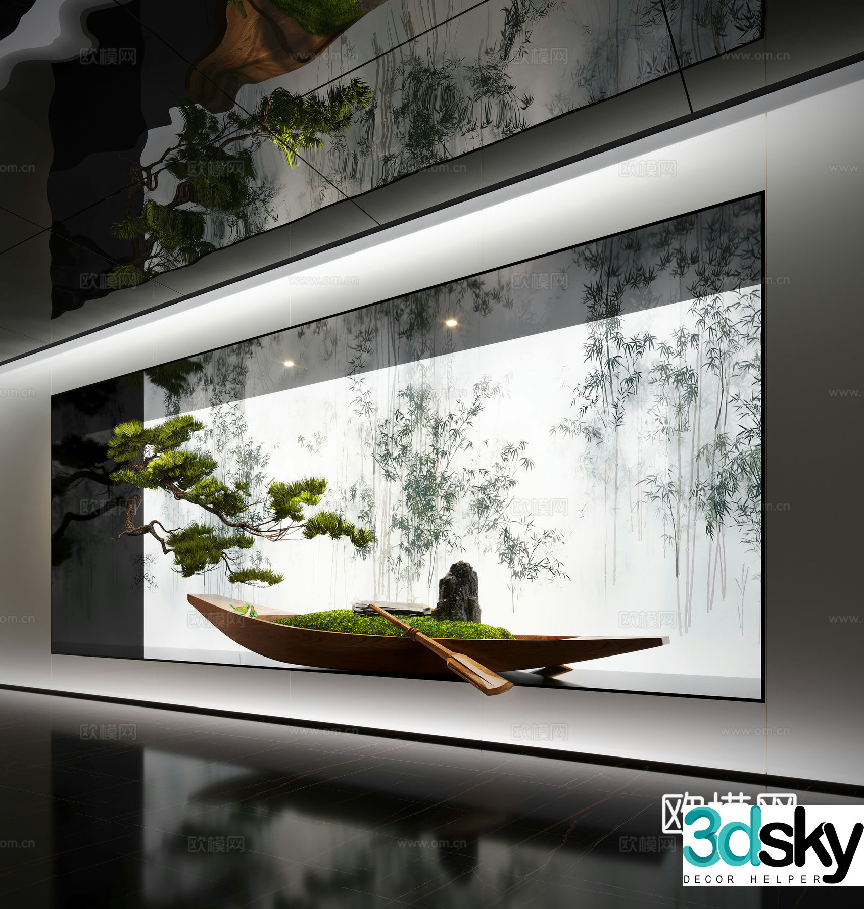 Modern art installation boat installation moss upside down pine trees interior landscape 3d model