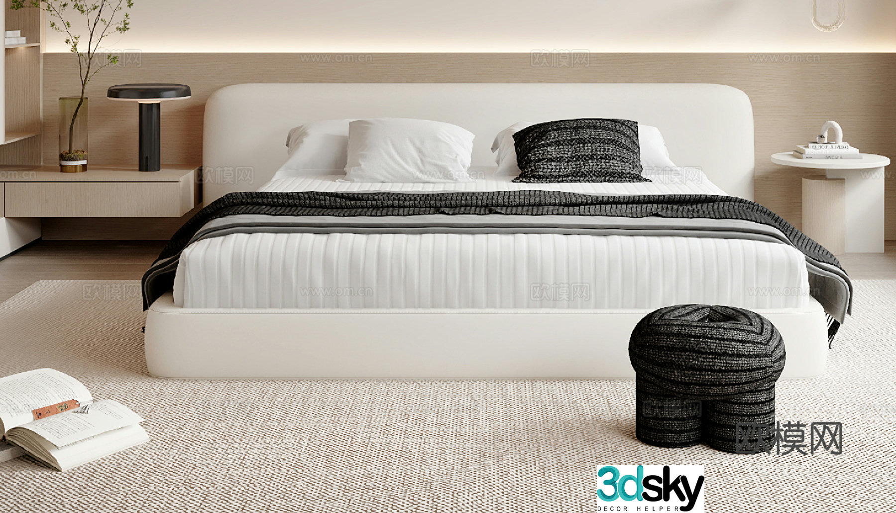 Creamy Double Bed 3D Model