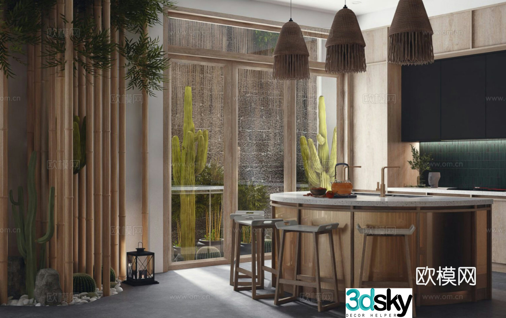 Wasabi Wind Restaurant Open Kitchen Bamboo Restaurant Bar Kitchen Wasabi Wind Cabinet 3D Model
