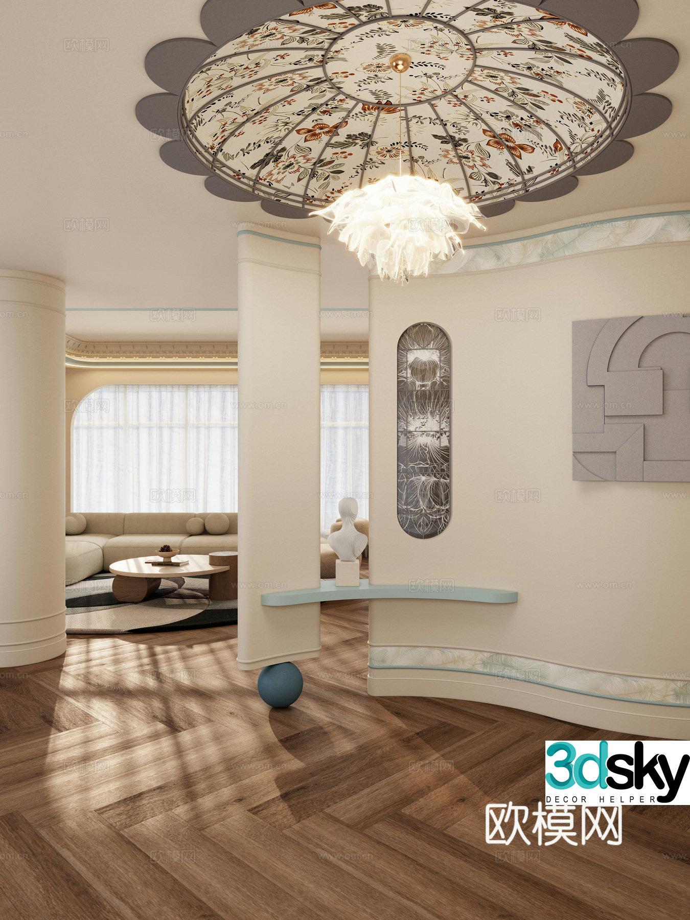 French medieval style patch glass petal top wood grain brick arc shape home partition 3D model