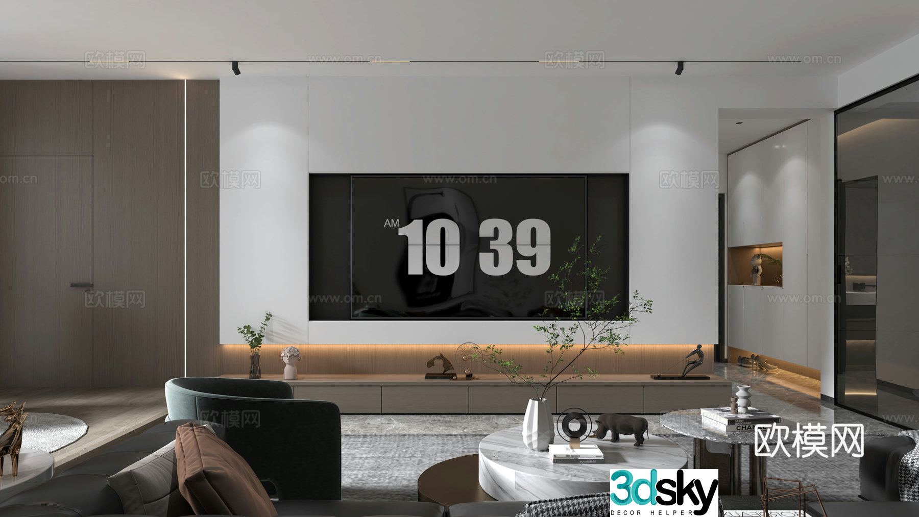 Modern living room living room and study integrated 3D model