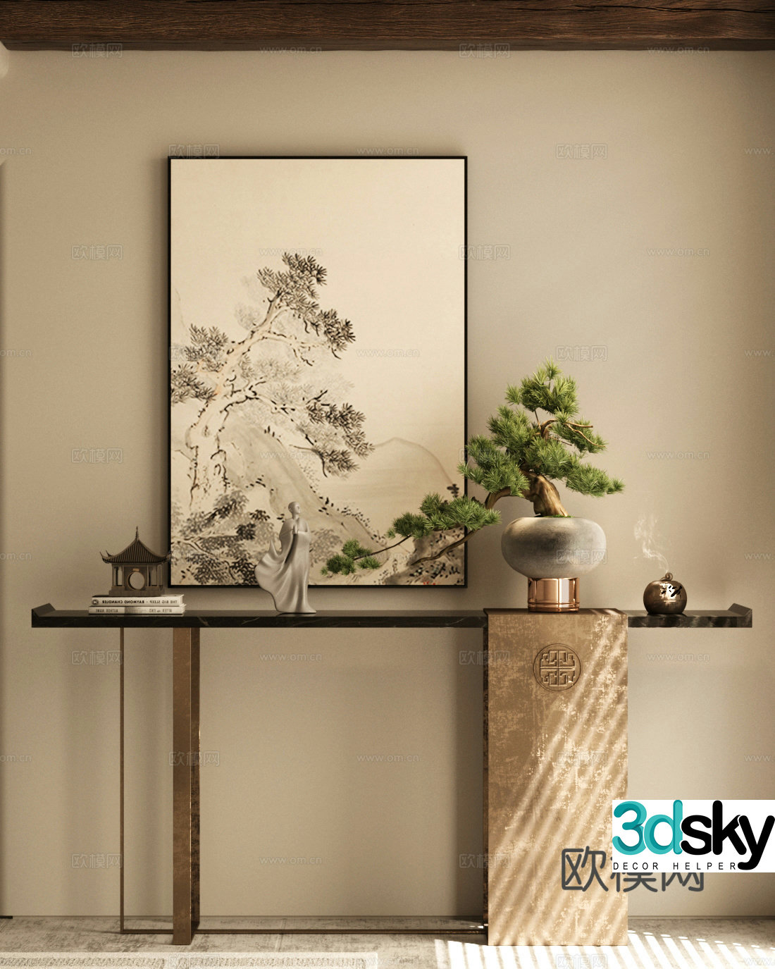 New Chinese style plan end view platform green plant potted plant 3D model