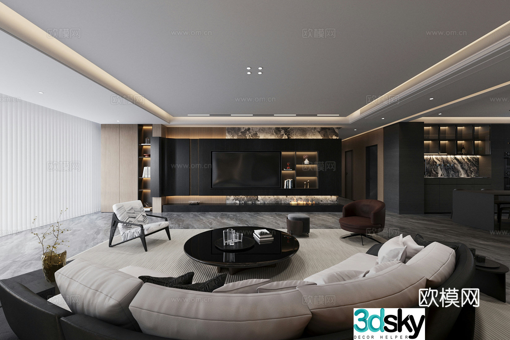 Light luxury Italian home living and dining room homeless lights large flat floor living and dining room horizontal living and dining room 3D model