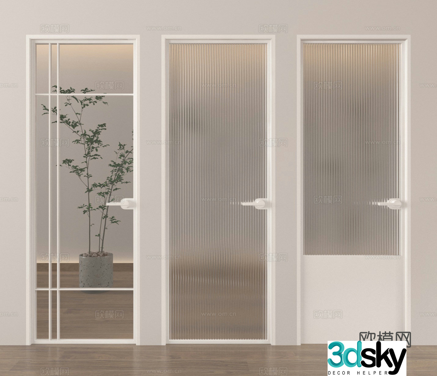 Single-open glass door kitchen and bathroom door 3D model
