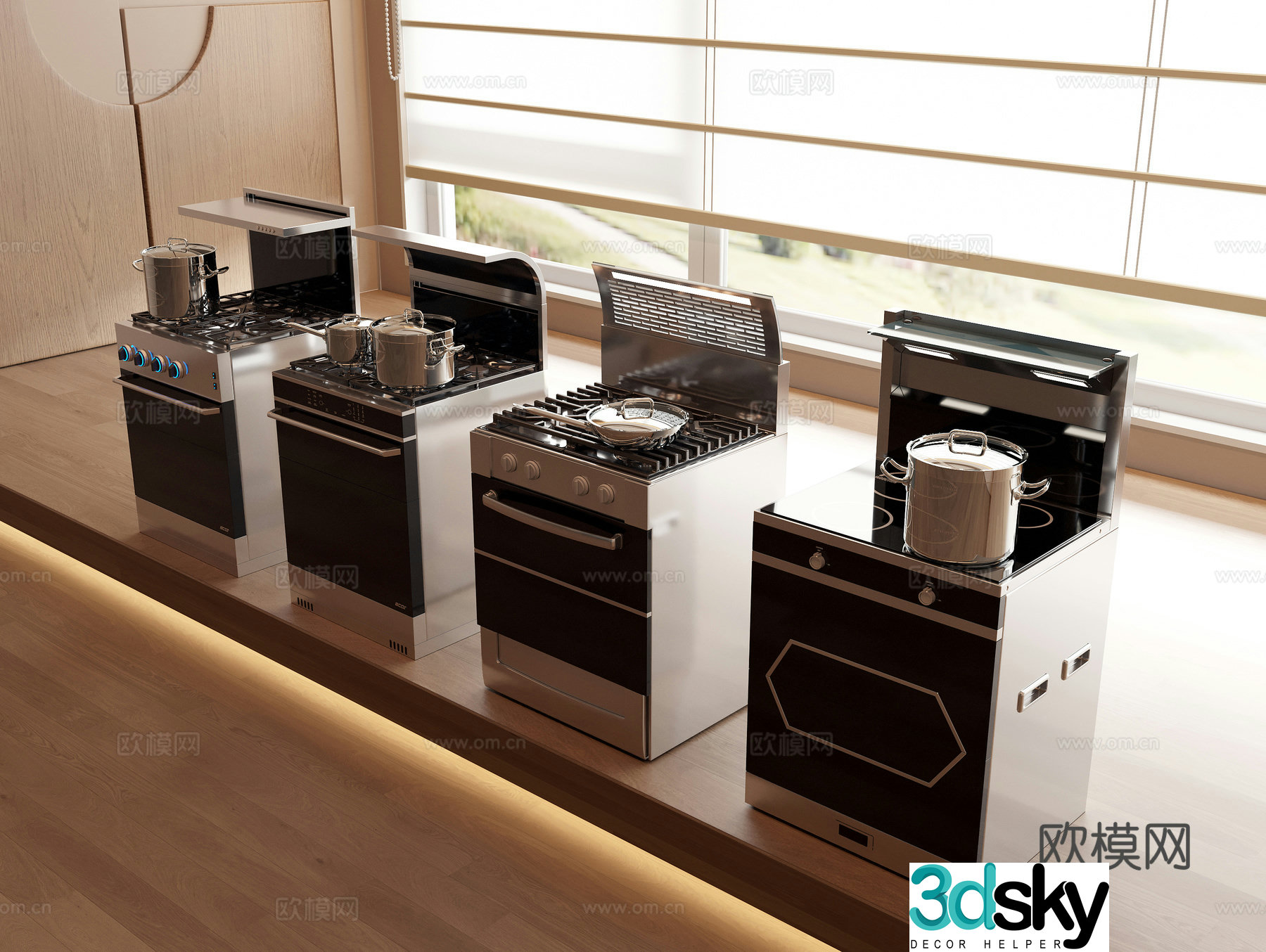 Integrated stove Integrated stove combination Kitchen pots and 3D model of kitchen appliances