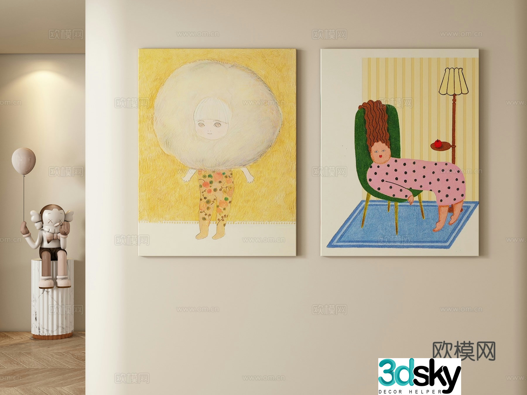 Cream style decorative painting hanging painting 3d model