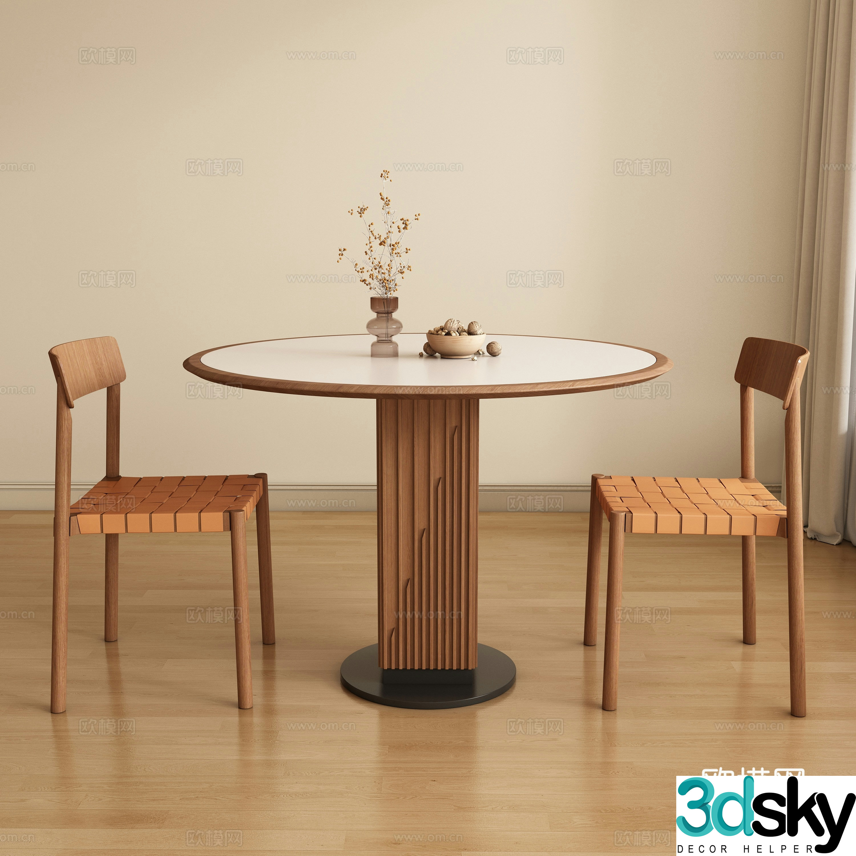 Medium style round dining table and chair 3D model
