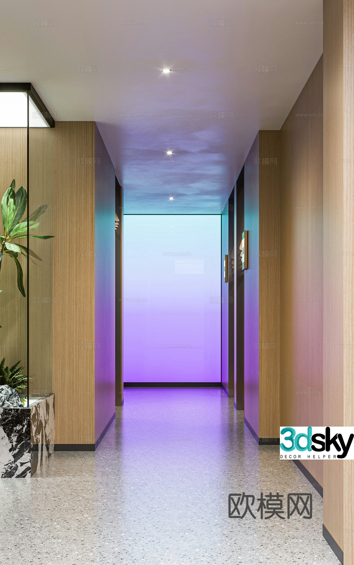 Modern hotel corridor Cyberpunk hotel corridor End view Landscape Light film 3D model