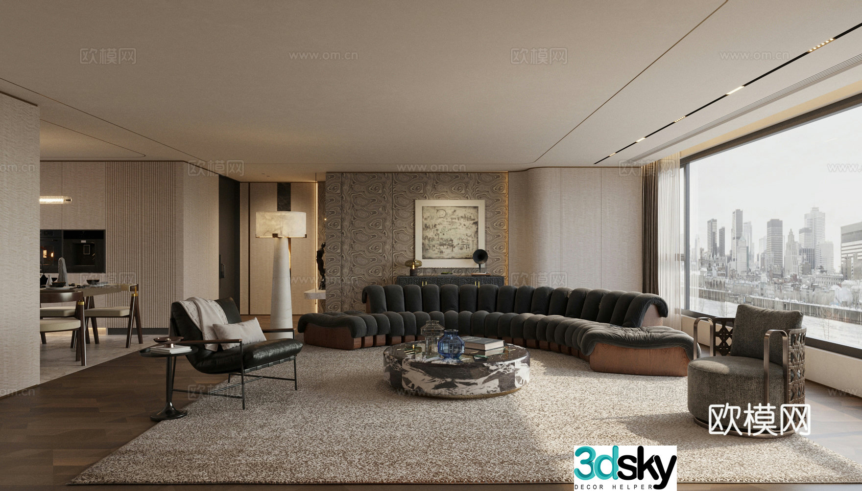Waviva Home Living Room Large Apartment Living Room Sofa Coffee Table Combination Living and Dining Integrated 3D Model