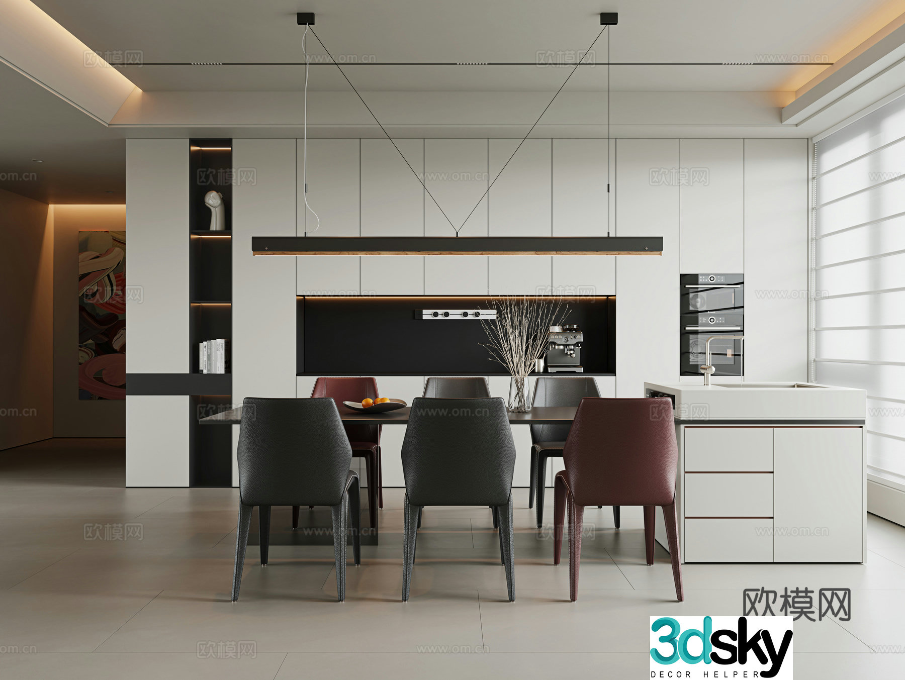 Italian modern restaurant dining table and chair combination island dining table single chair leather dining chair sideboard 3d model
