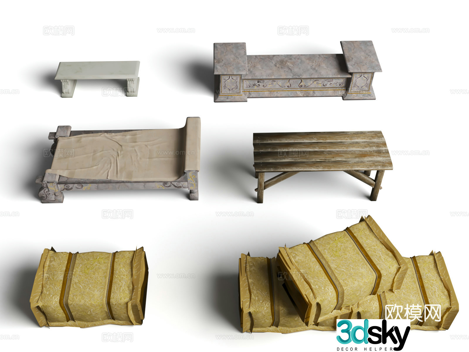 Wooden seats grains haystacks stone seats 3d model