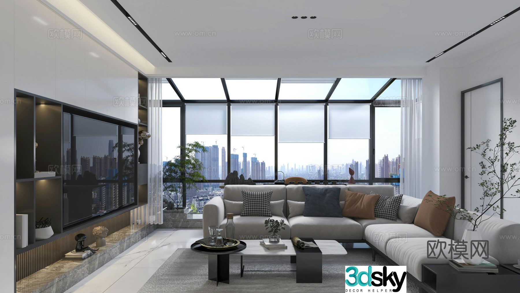Modern home living room minimalist 3D model without owner lights
