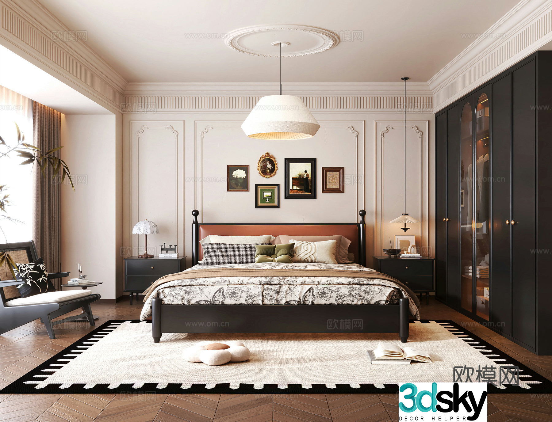 French medieval home bedroom French bed wardrobe bedside table decorative painting ornaments bedroom chandeliers 3d model