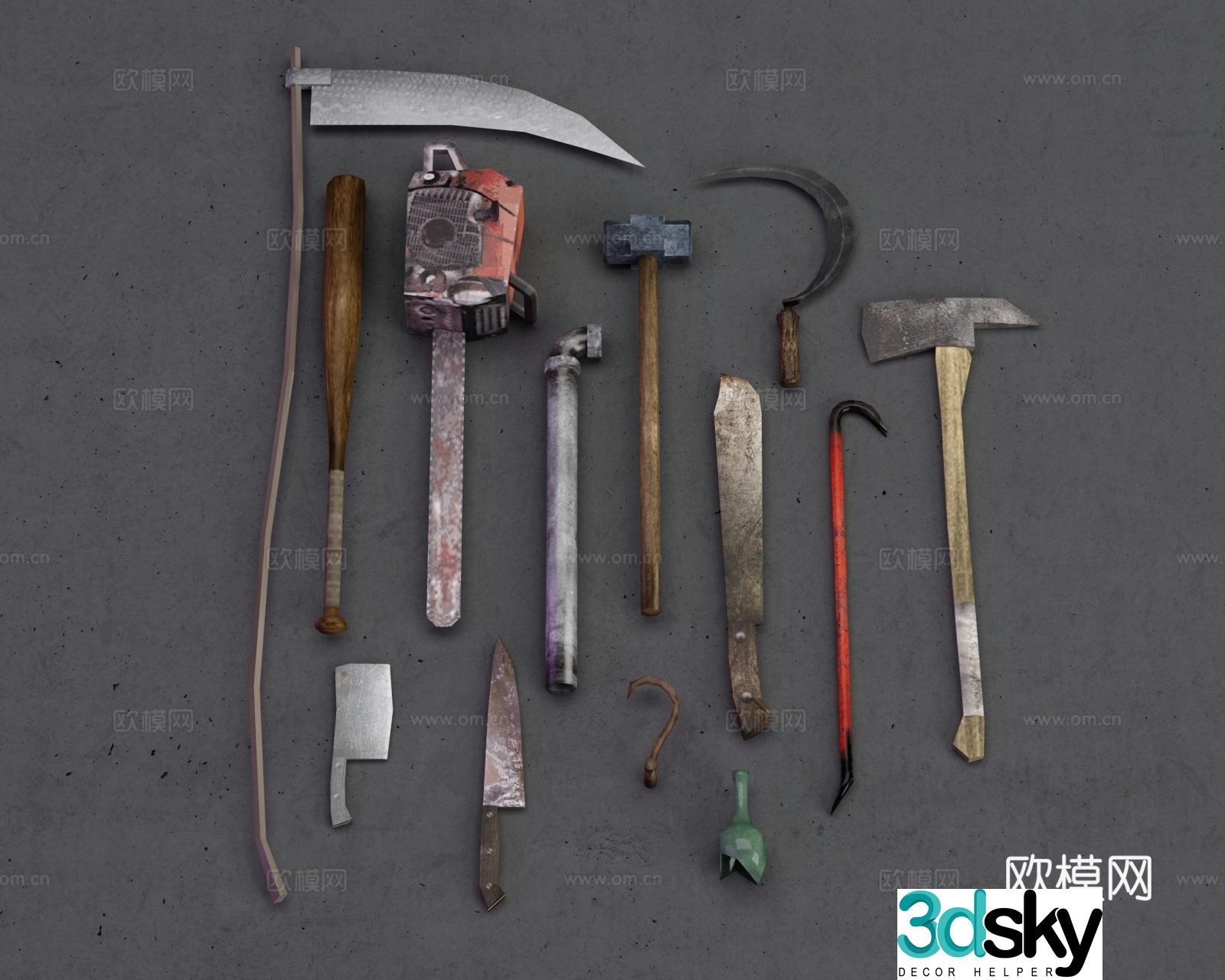Modern tools hardware hammer ax sickle chainsaw kitchen knife knife glass bottle 3d model