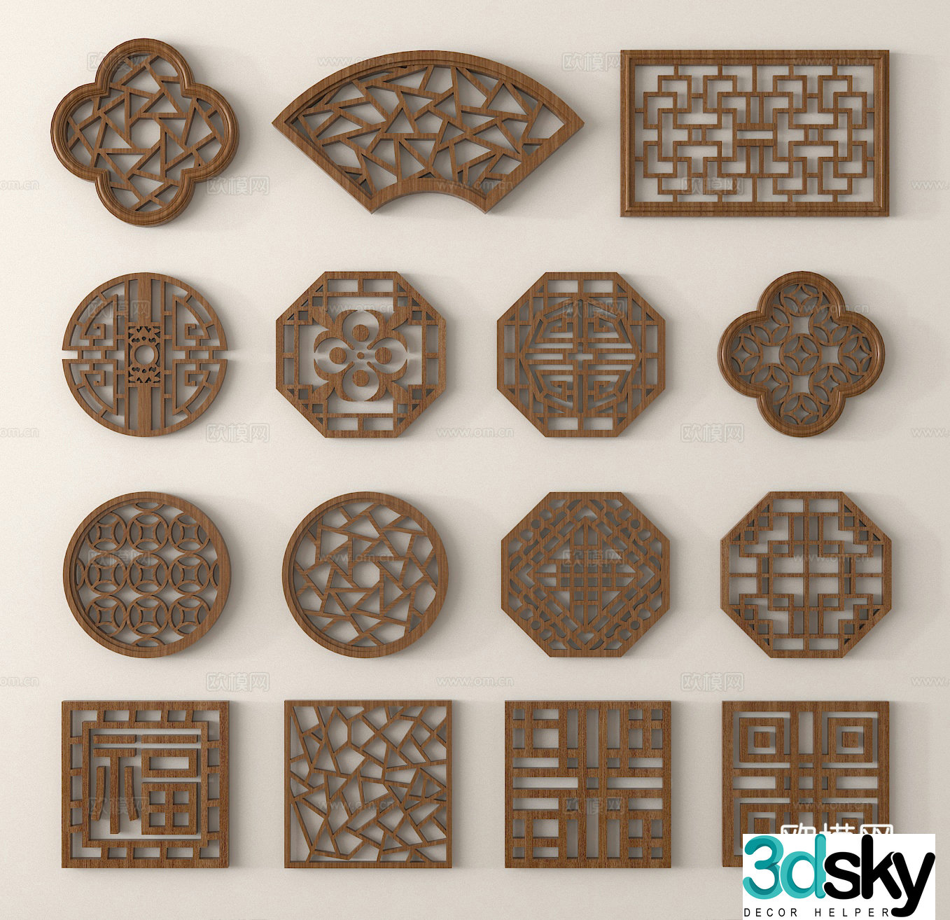 New Chinese style flower window hollow window carved window carved window antique window 3D model