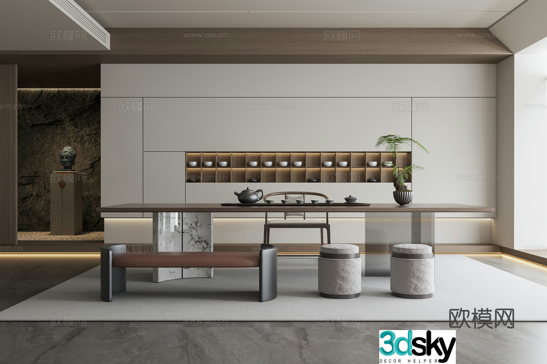Song style tea room tea table and chair combination decorative ornaments alcove sculpture ornaments 3D model