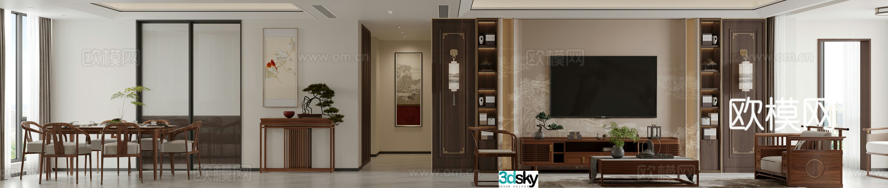 New Chinese style living and dining room 3D model