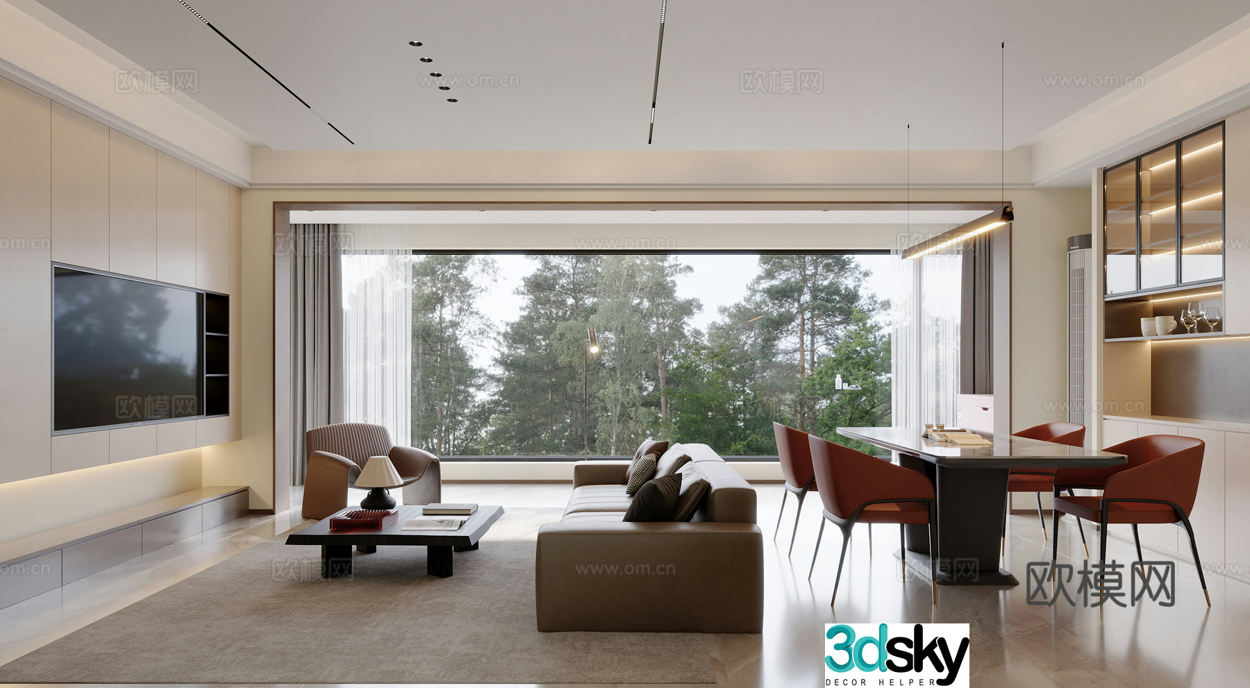 Modern living and dining room 3d model