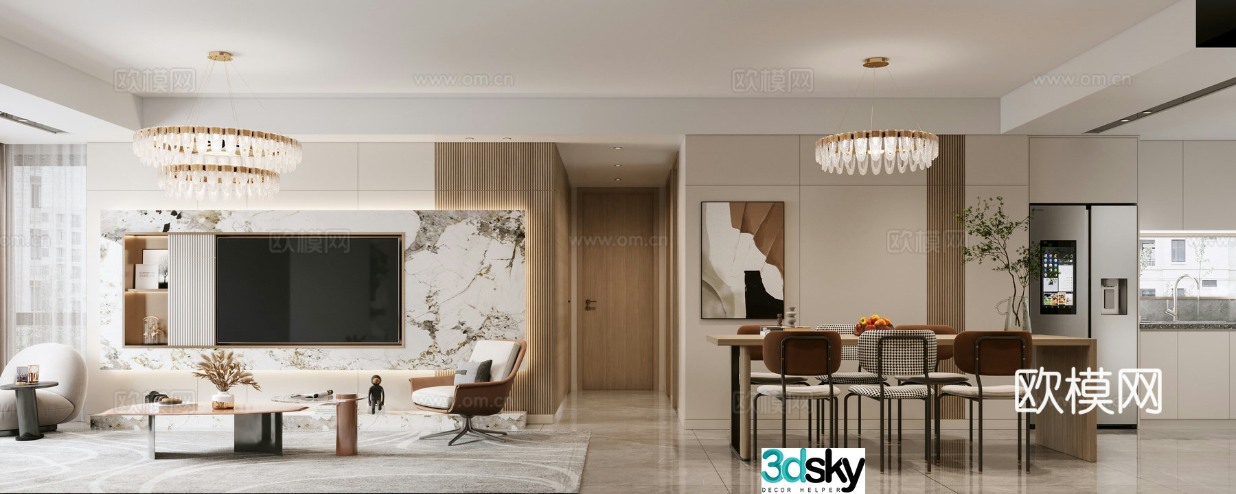 Modern living and dining room 3d model