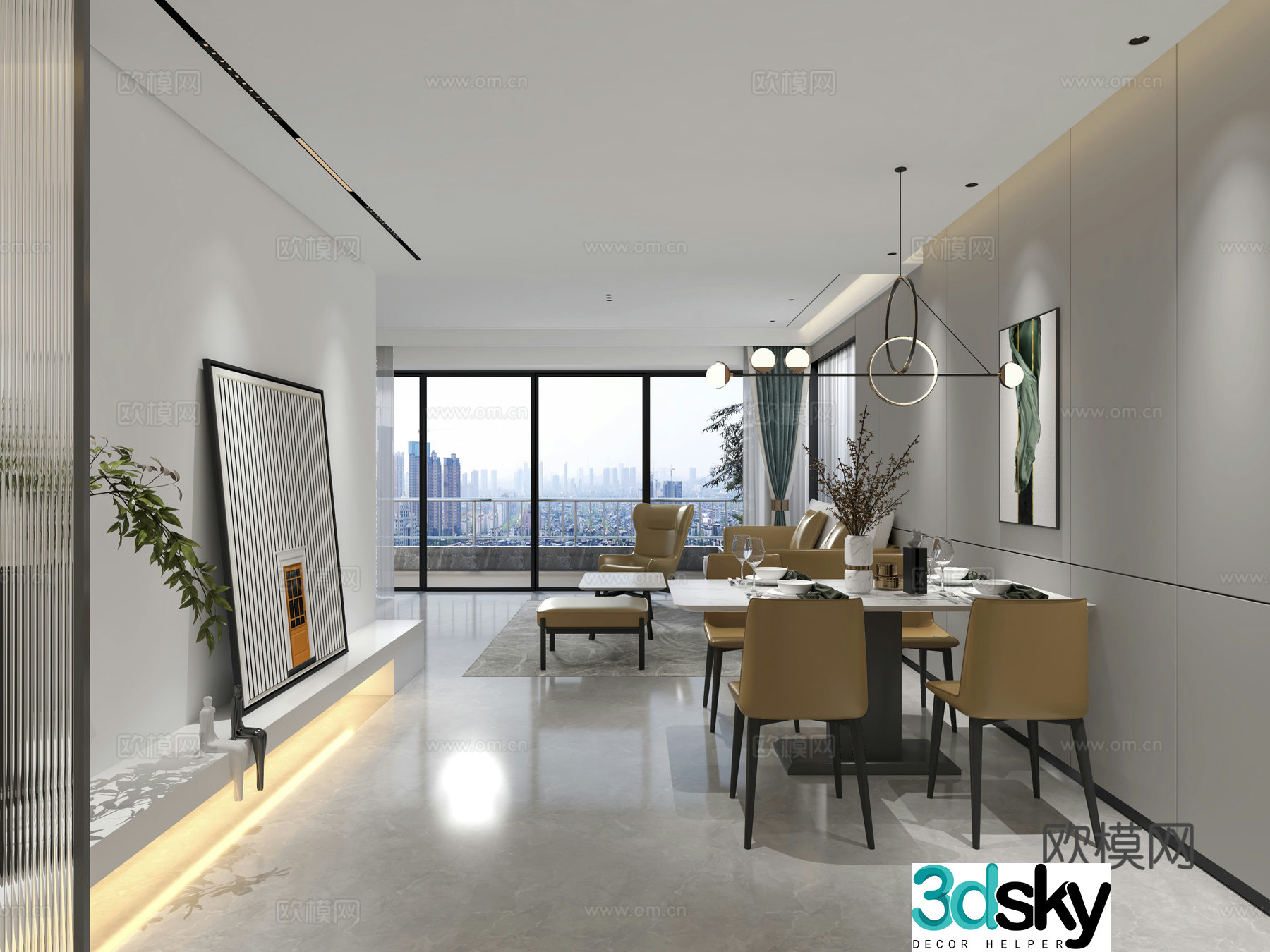 Italian minimalist living and dining room combination sofa dining table and chair Changhong glass decorative painting Art chandeliers 3D model