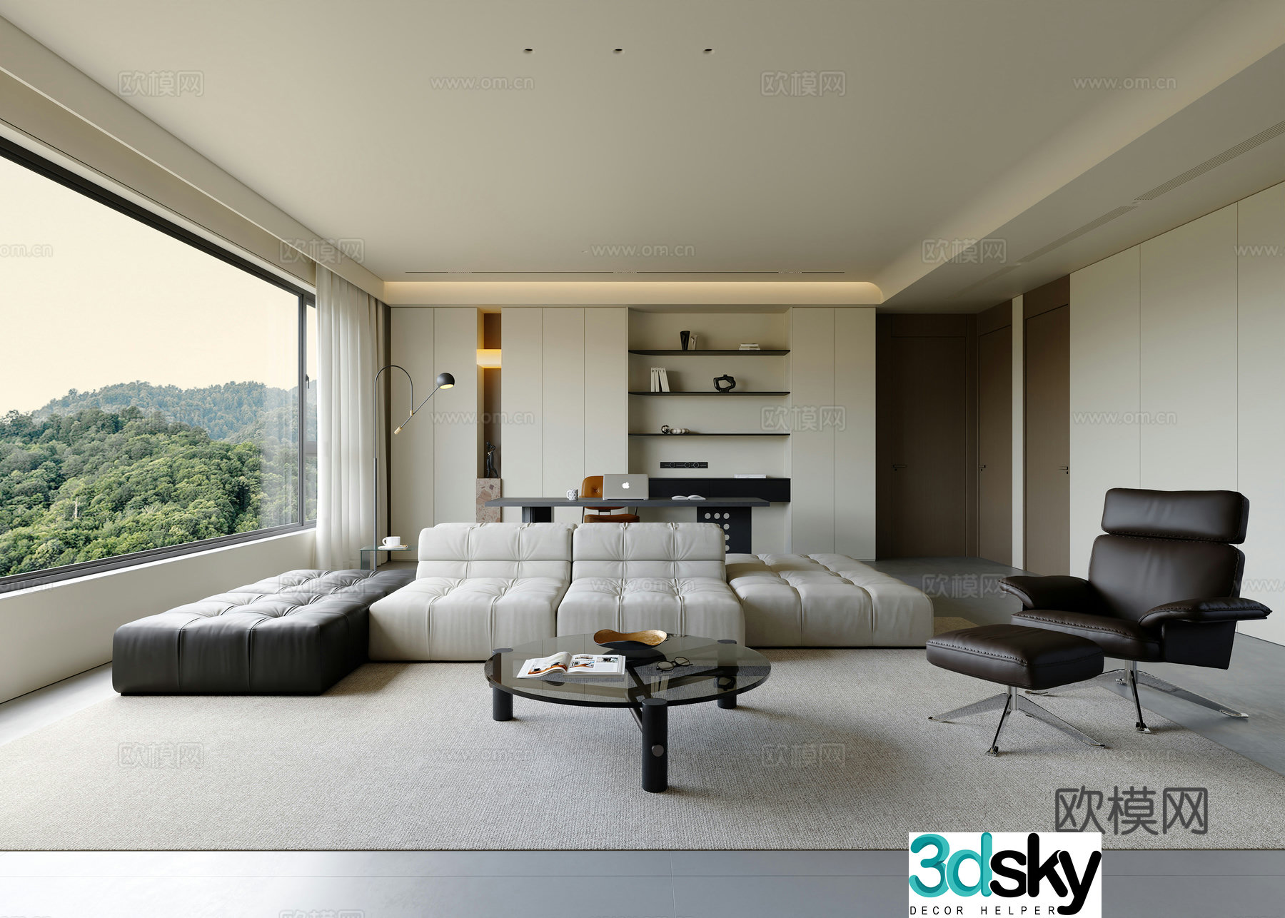 Modern minimalist living and dining room 3D model
