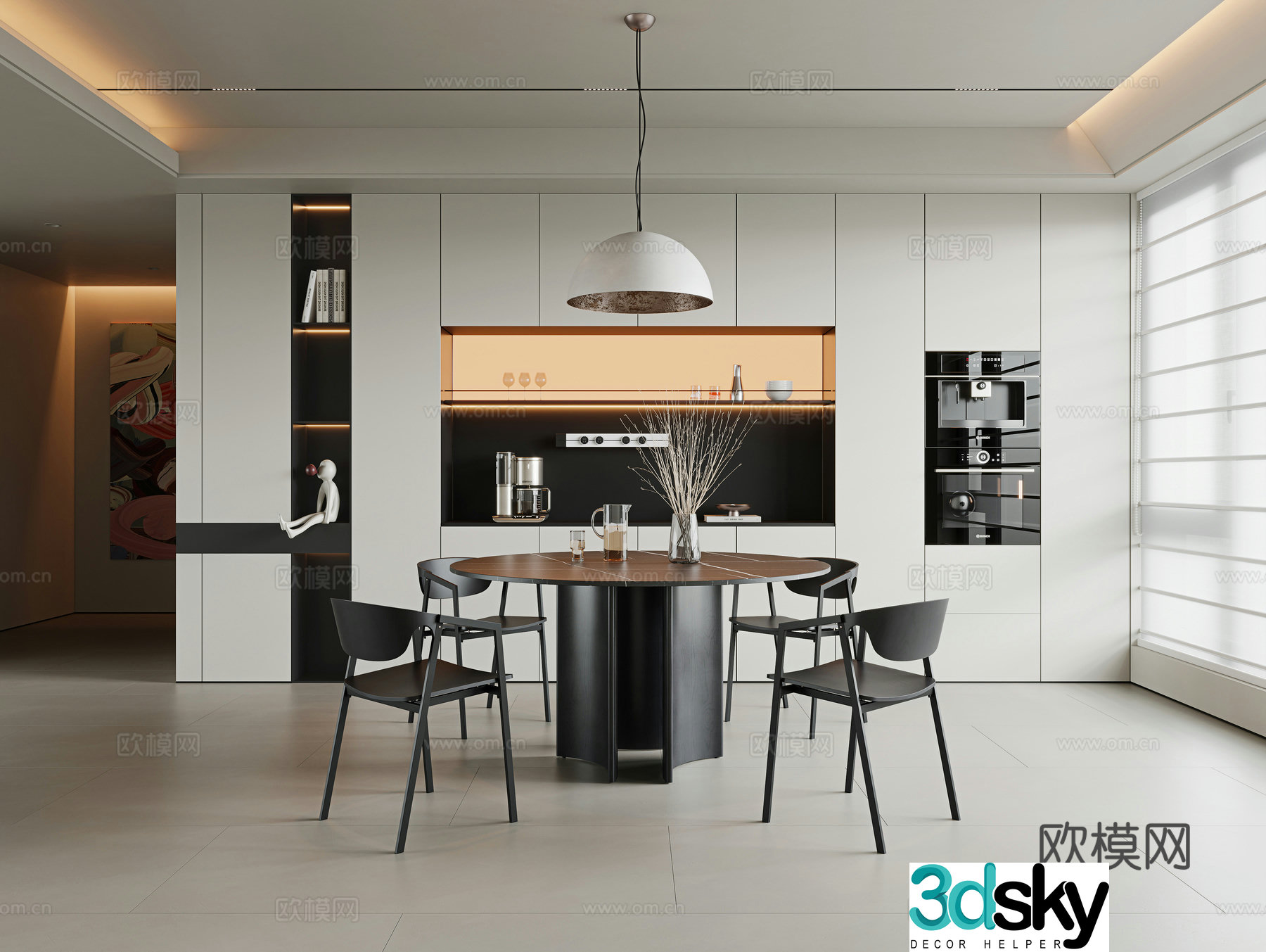 Modern minimalist dining room Round dining table Solid wood dining table Single chair Solid wood dining chair Sideboard 3D model
