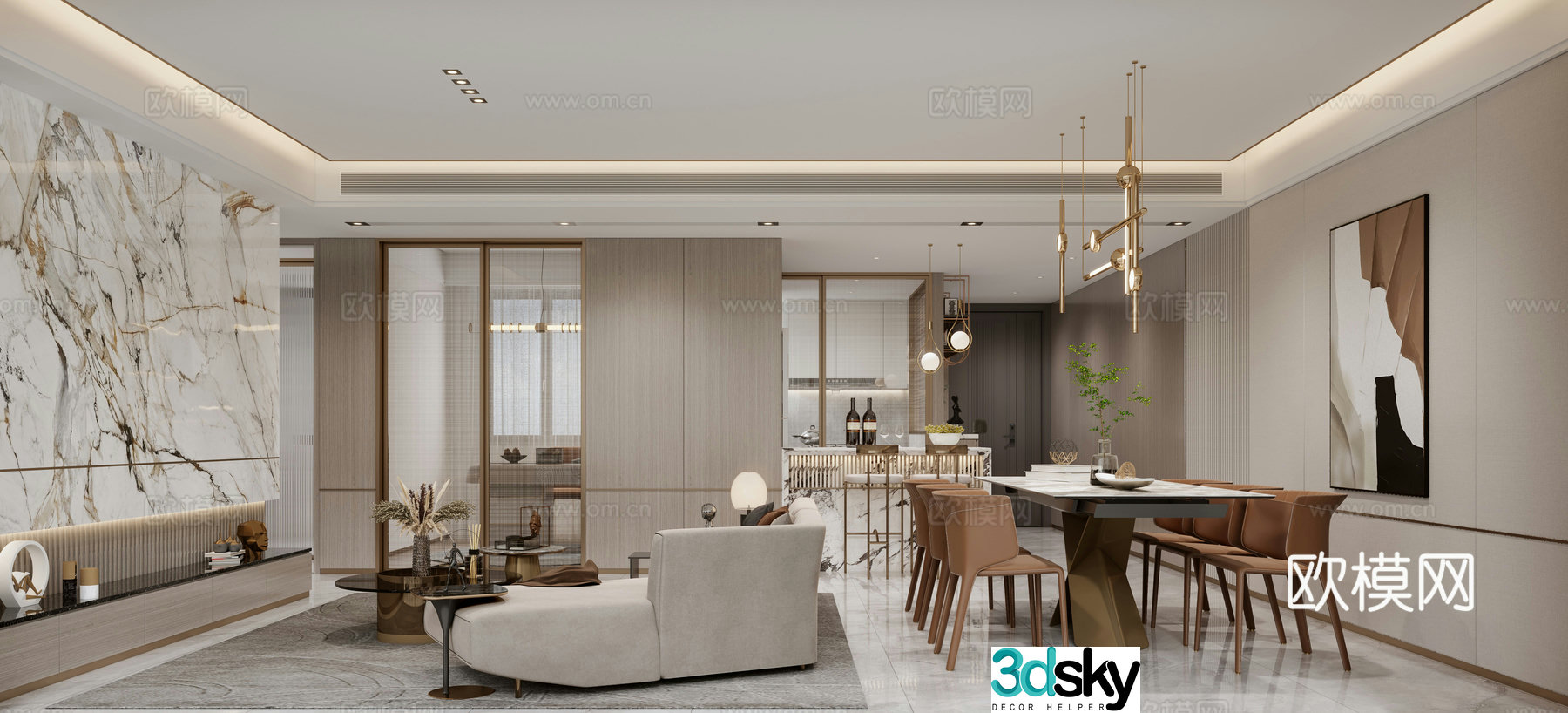 Light luxury living and restaurant 3D model