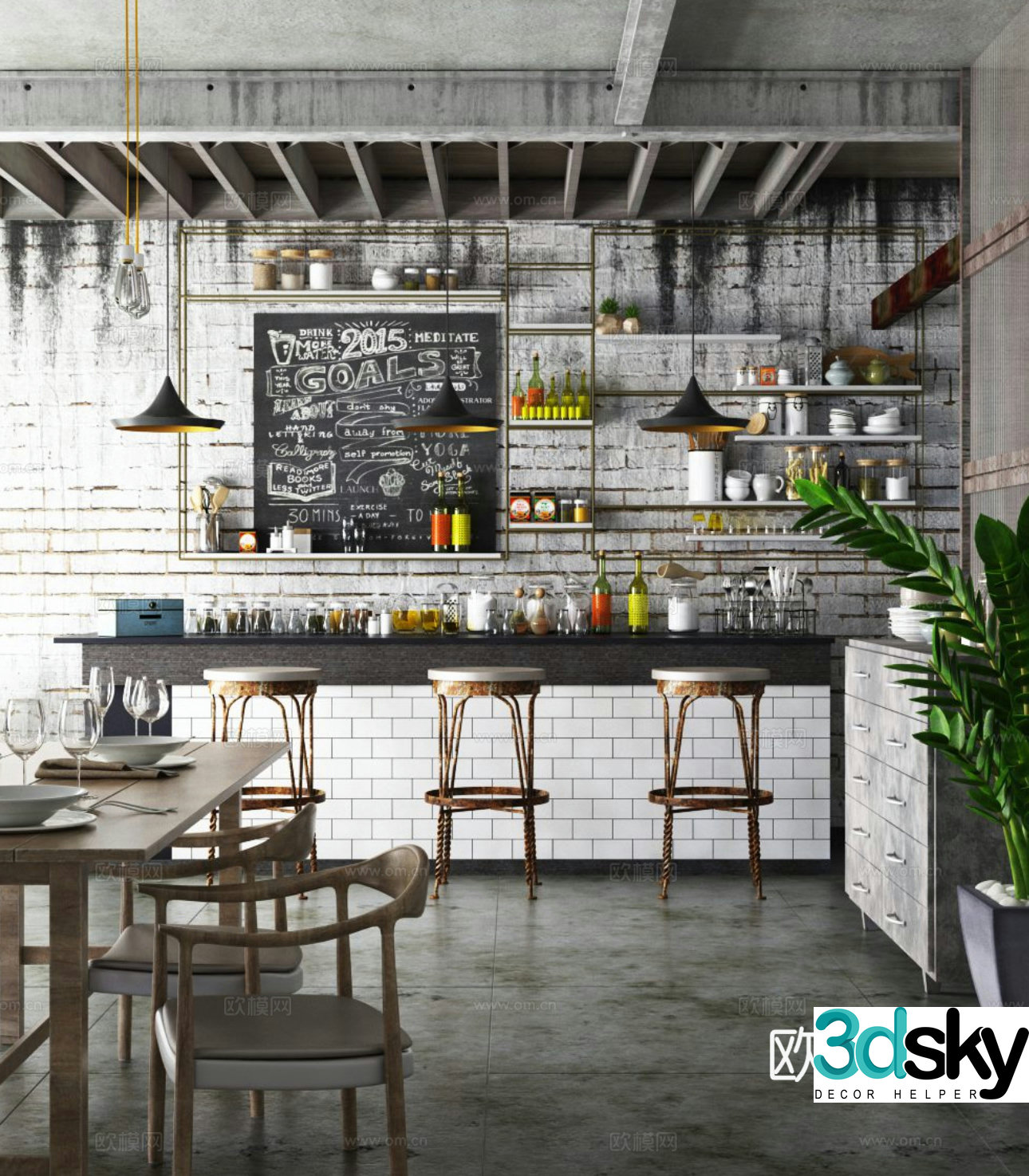 Modern coffee shop Industrial style coffee shop Wasabi style coffee shop Bar counter Dining table and chair Bar chair 3d model