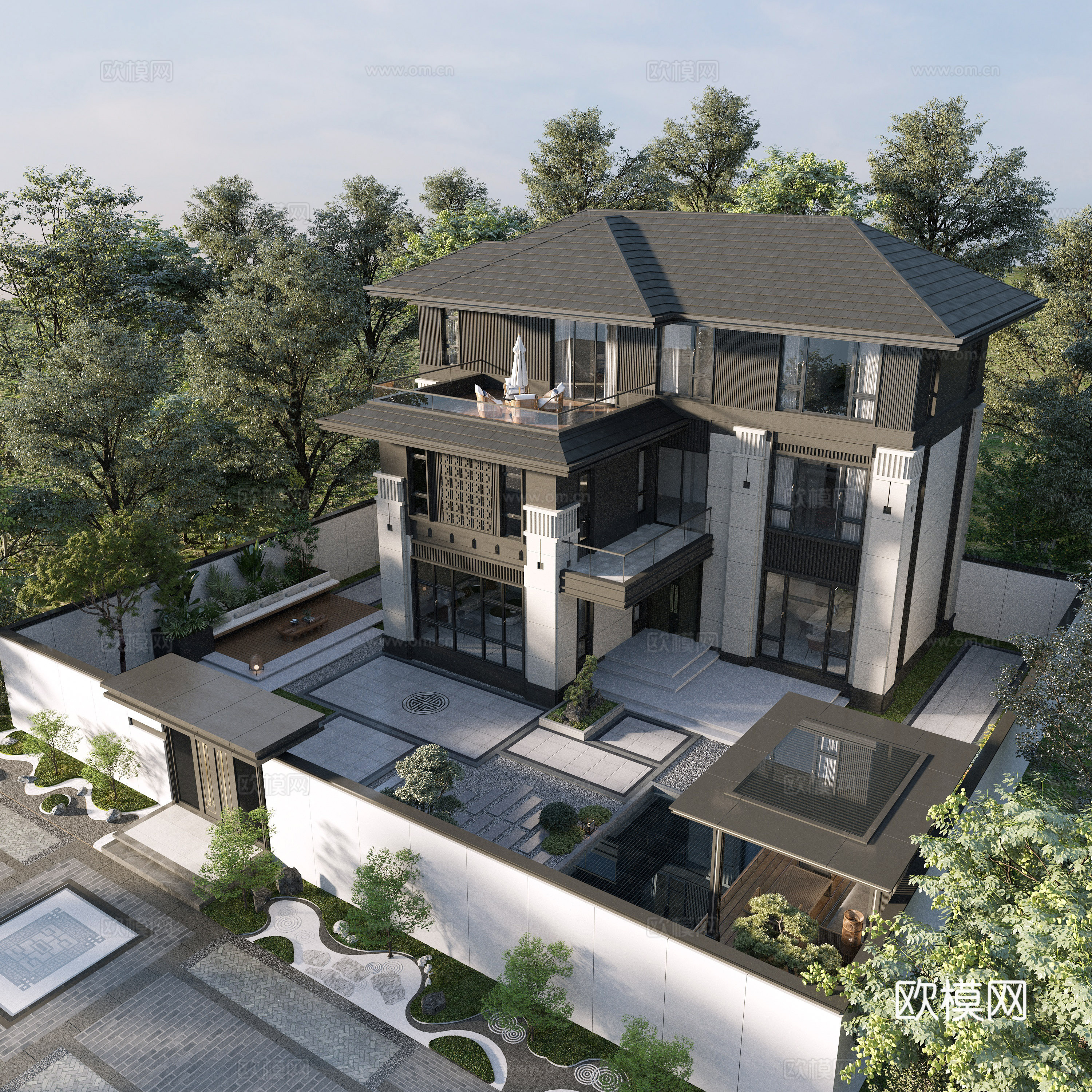 New Chinese style villa building exterior New Chinese style courtyard New Chinese style entrance door 3D model