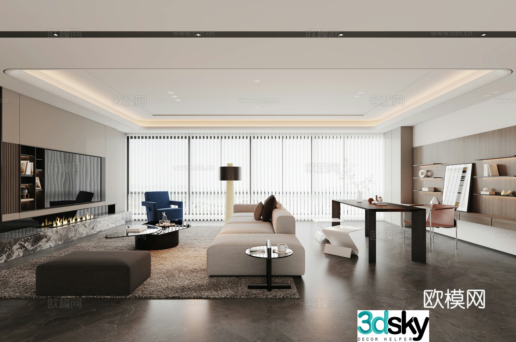 Modern Italian large flat living room sofa and coffee table combination desk and chair combination TV background wall 3D model