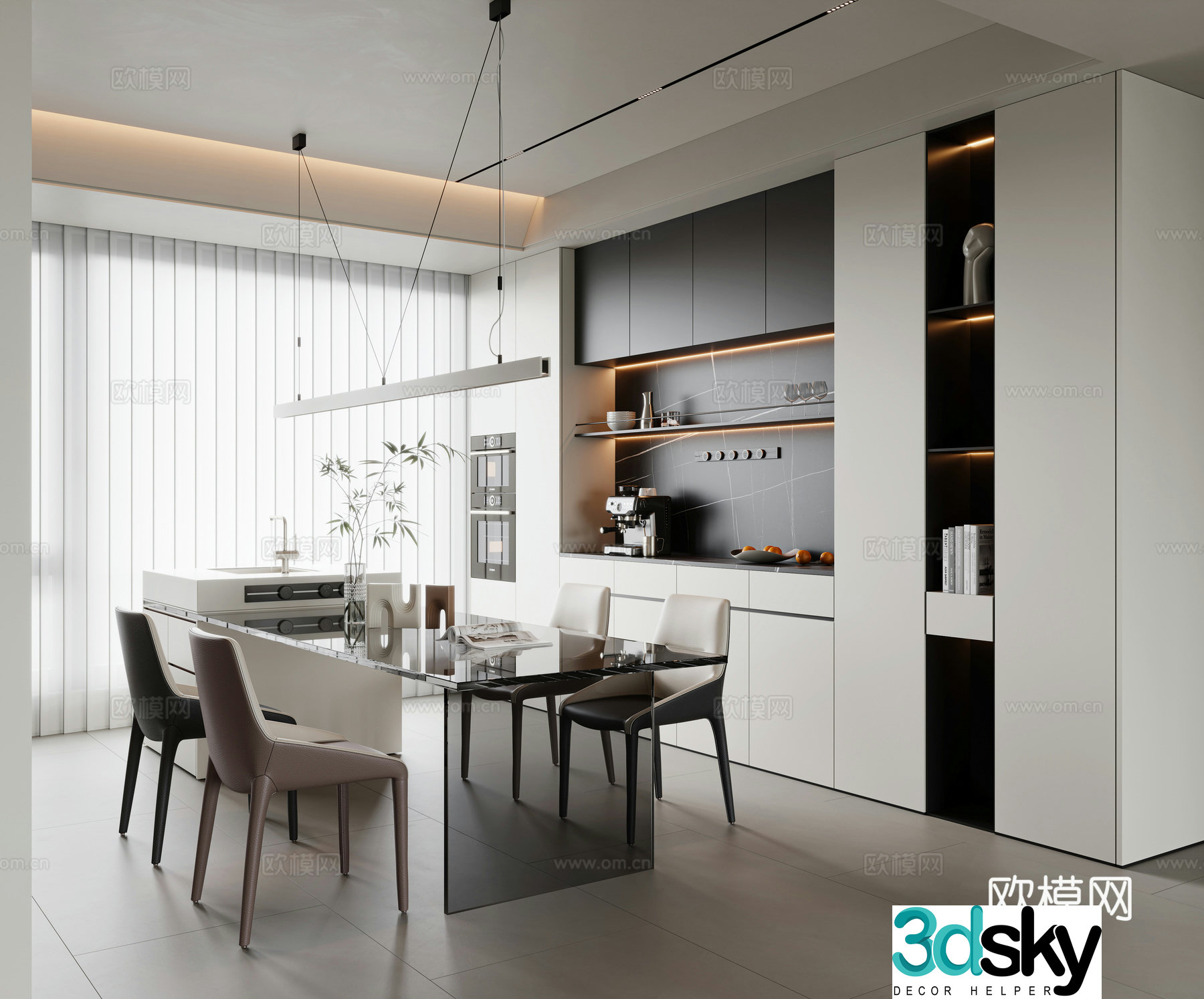 Modern dining room dining table and chair combination island dining table single chair leather dining chair enclosed kitchen 3d model