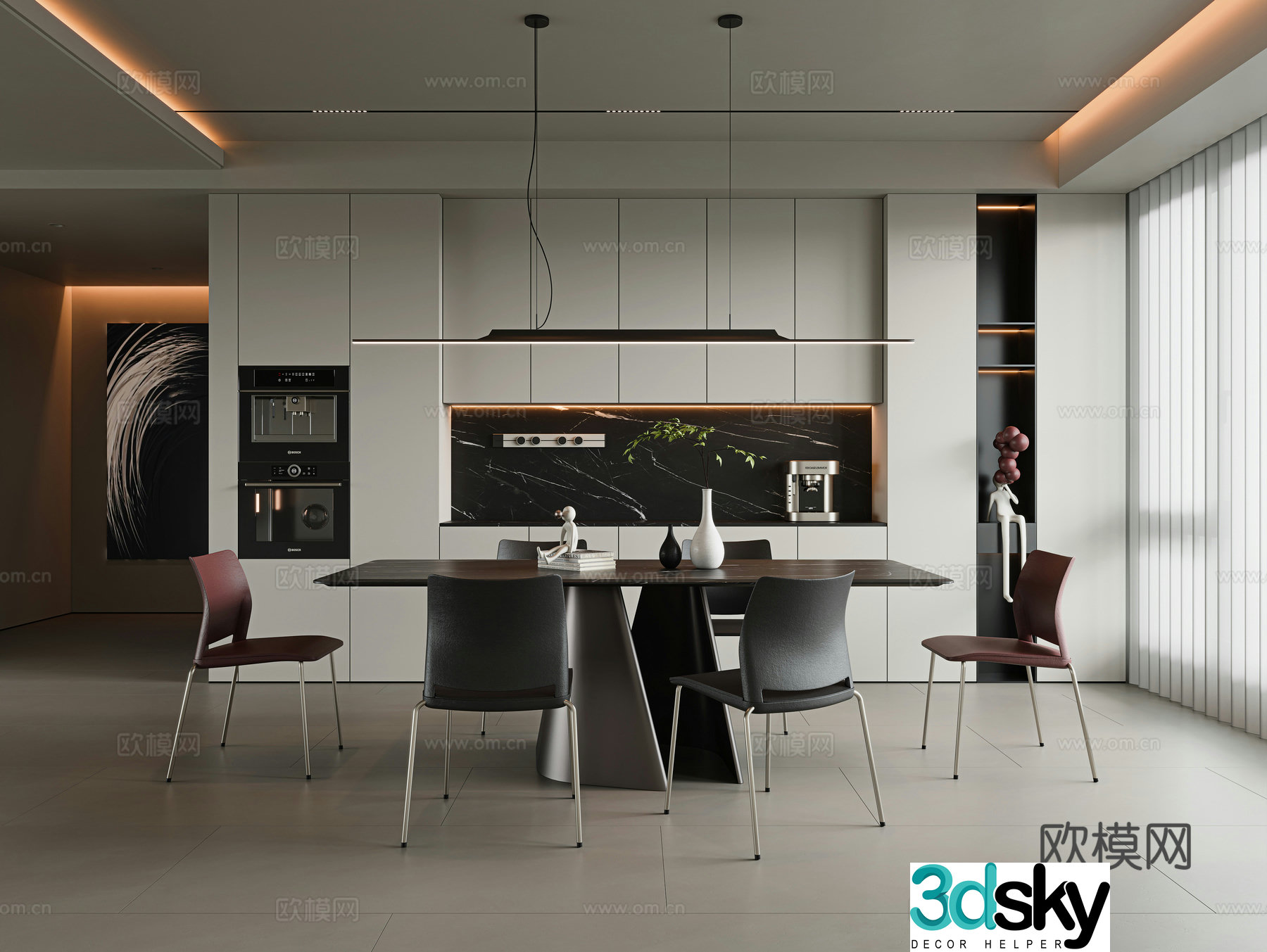 Italian minimalist restaurant Long dining table Rock slab dining table Single chair Metal dining chair Sideboard Wine 3D model