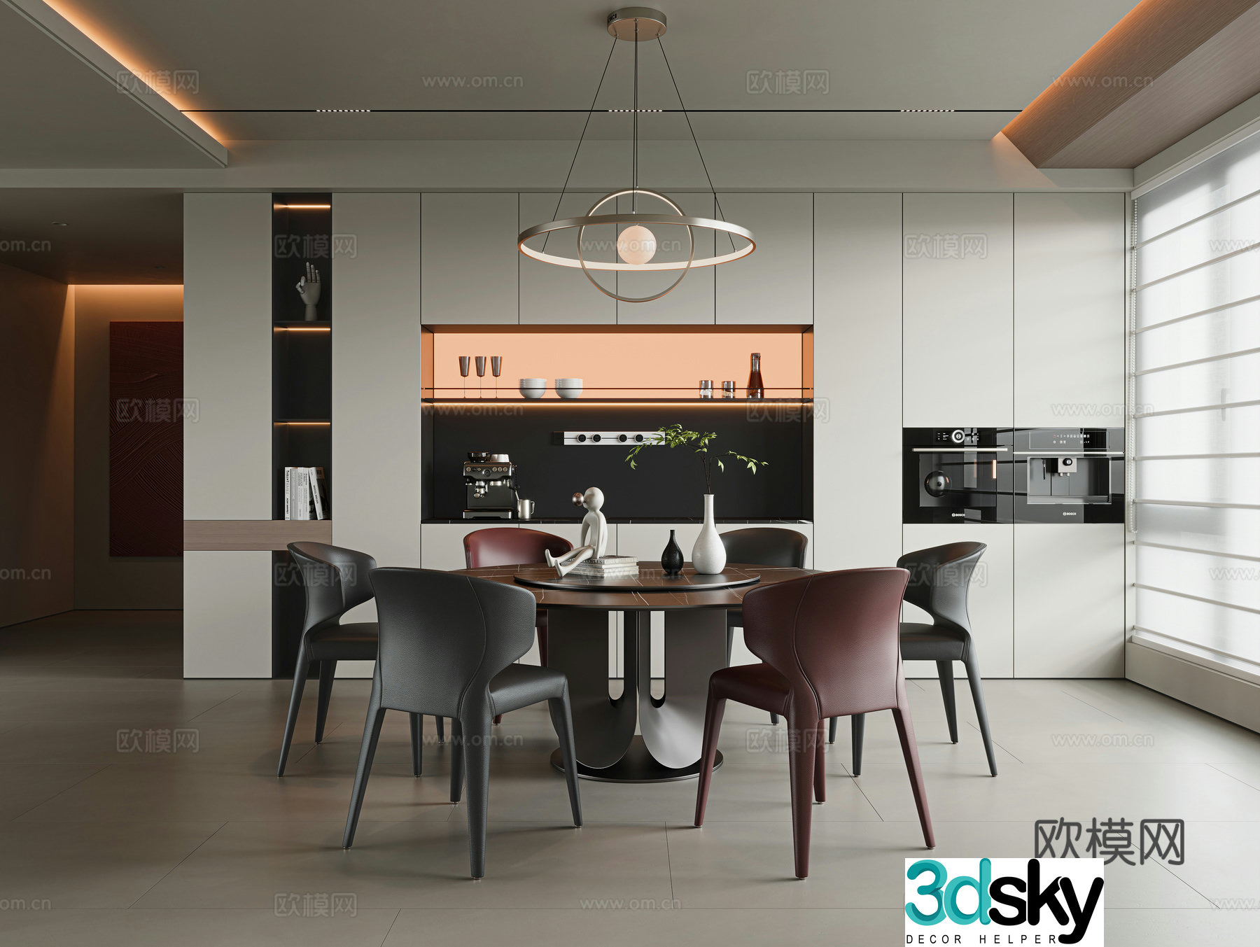 Italian modern restaurant Round dining table and chairs Six-person dining table and chairs Rock-slab dining table Single chair Sideboard 3D model