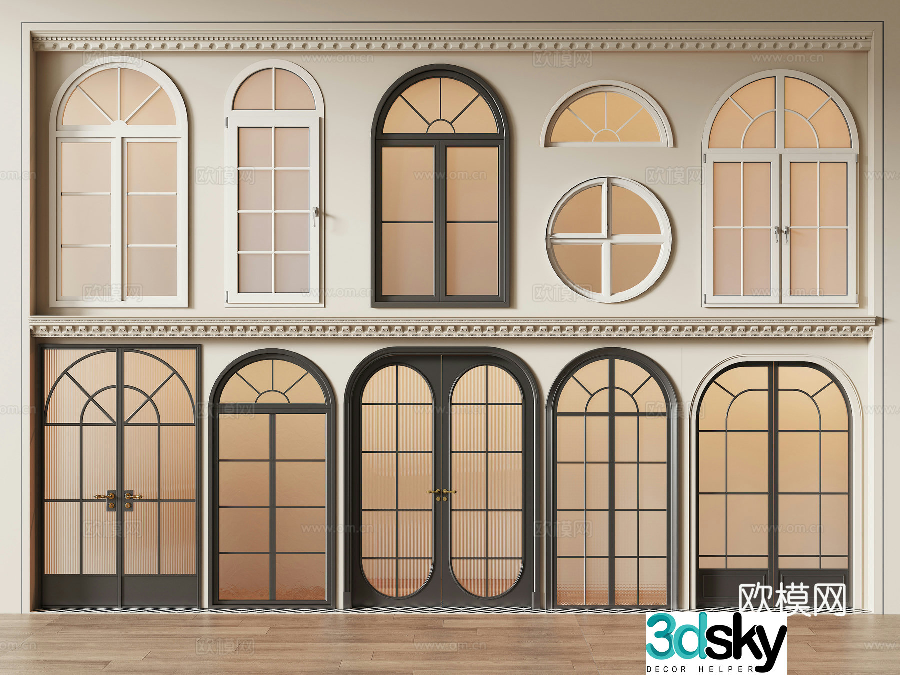 French curved doors and windows combination circular aluminum alloy doors and windows glass double-opening doors 3D model