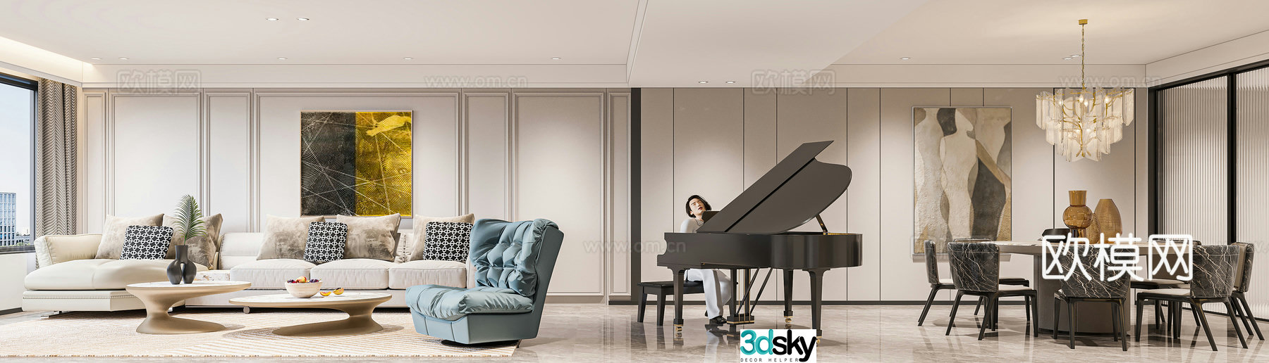 Modern living and dining room 3d model