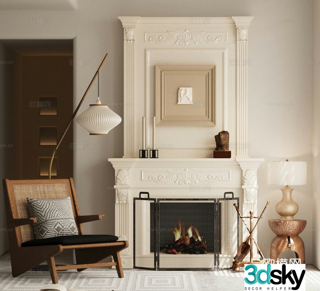 Middle fireplace leisure chair floor lamp ornament combination 3D model