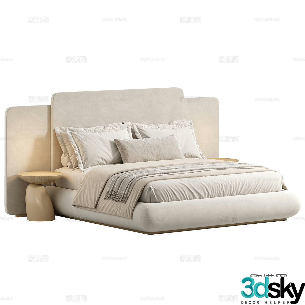Fabric double bed floor bed bedside table pillow towel hotel double bed master bedroom double 3D model
